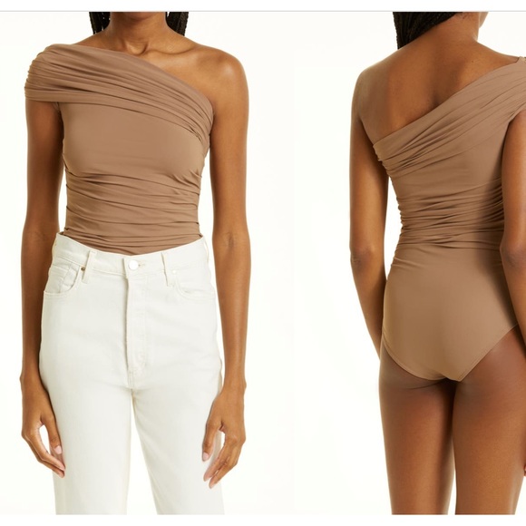 Goldsign Tops - Goldsign Ayers Ruched One-Shoulder Ruched Bodysuit, NWT, Tan, Size large